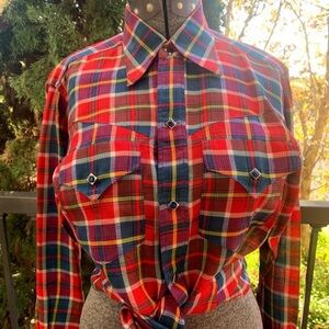Vintage Custom Made Western Red and Blue Plaid Button-Up Shirt